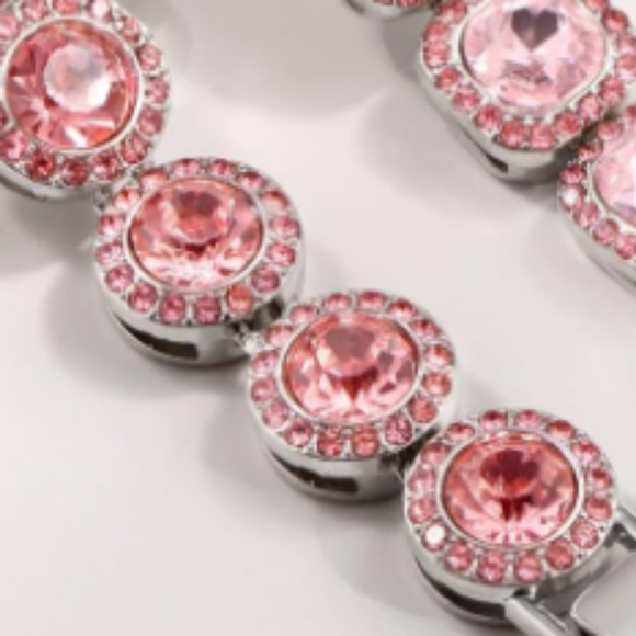 Pink Pave Crystal Silver Iced Links Bracelet Rhinestone Round CZ Circle Links - Picture 3 of 8